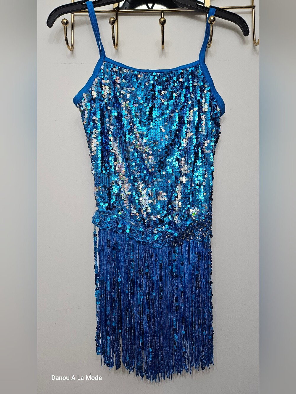Weissman Blue Dance Sequin Fringe Spaghetti-Strap Dress